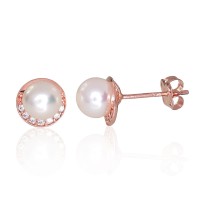 14K Red Gold Cubic Zirconia and Pearl Earrings “Soul's Mirror VII”